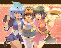  3girls amano_madoka bare_shoulders belt_pouch beyblade black_hair blue_hair blue_skirt breasts brown_hair chinese_clothes collarbone cropped_jacket dark-skinned_female dark_skin double_bun female_focus fingerless_gloves flat_chest gloves goggles goggles_on_head hair_bun hand_on_another&#039;s_hip hasama_hikaru hood hoodie large_breasts leeori looking_at_viewer mei_mei_(beyblade) metal_fight_beyblade multiple_girls one_eye_closed open_clothes open_hoodie open_mouth pencil_skirt pink_vest pouch purple_eyes shirt short_hair short_twintails skirt smile standing t-shirt teeth thighhighs tongue twintails upper_teeth_only vest white_gloves white_thighhighs wristband 