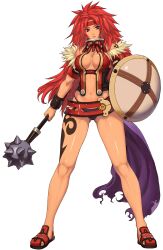  1girl abs armlet armor belt belt_skirt bikini_armor bracelet breasts center_opening cleavage curvy eiwa fur_trim headband highleg highleg_panties highres jewelry large_breasts legs long_hair long_legs mace midriff muscular navel official_art panties purple_eyes queen&#039;s_blade red_eyes red_hair risty_(queen&#039;s_blade) shield solo tan tattoo thick_thighs thighs toned underwear very_long_hair weapon 