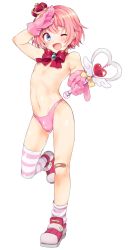  1boy bad_id bad_twitter_id bandaid blush bow bulge crown full_body gloves highres kabosudachin magical_boy magical_girl male_focus navel nipples one_eye_closed open_mouth original pink_gloves pink_hair salute shiny_skin shoes short_hair shota simple_background smile solo standing striped_clothes striped_thighhighs thighhighs thong trap wand white_background  rating:Questionable score:174 user:danbooru