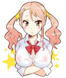  1girl :&lt; anjou_naruko ano_hi_mita_hana_no_namae_wo_bokutachi_wa_mada_shiranai. blush bow bowtie breasts brown_hair cleavage collarbone covered_erect_nipples crossed_arms earrings hair_ornament hairclip jewelry large_breasts long_hair looking_at_viewer red_bow red_bowtie school_uniform shirt short_sleeves star_(symbol) star_hair_ornament starry_background twintails upper_body usamirui white_background white_shirt yellow_eyes 
