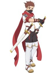  1boy black_gloves black_mask boots brown_eyes brown_hair commentary english_commentary full_body gloves highres holding holding_sword holding_weapon lloyd_irving lloyd_irving_(fang_of_the_white_lions) male_focus official_alternate_costume official_art red_scarf scarf short_sleeves sword tales_of_(series) tales_of_asteria tales_of_symphonia thigh_boots weapon  rating:General score:1 user:danbooru