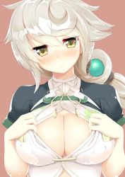  1girl asymmetrical_hair blush body_mahattaya_ginga braid breasts cleavage cleavage_cutout clothing_cutout cloud_print crop_top hair_between_eyes hair_ornament kantai_collection large_breasts light_smile long_hair looking_at_viewer open_clothes red_background short_sleeves silver_hair simple_background single_braid solo unryuu_(kancolle) very_long_hair yellow_eyes 