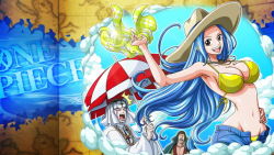 1girl 2boys age_difference bikini blue_hair breasts chaka_(one_piece) cleavage cloud dress hat large_breasts long_hair looking_at_viewer midriff multiple_boys navel nefertari_vivi one_piece pell sky smile swimsuit tagme rating:Questionable score:17 user:Ruffy16