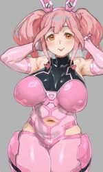  1girl absurdres armpits bodysuit breasts cameltoe cleft_of_venus clothing_cutout collagen elbow_gloves gloves grey_background highres large_breasts macross macross_delta makina_nakajima navel navel_cutout orange_eyes pink_hair sidelocks simple_background solo thick_thighs thighs tongue tongue_out twintails 