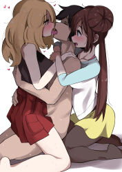 1boy 2girls absurdres bare_arms bare_legs bare_shoulders barefoot black_hair black_pantyhose black_shirt blonde_hair blush breasts brown_hair calem_(pokemon) closed_eyes clothed_female_nude_male collared_shirt commentary_request commission creatures_(company) double_bun french_kiss from_side game_freak girl_sandwich hair_bun hand_on_another&#039;s_back hand_on_another&#039;s_shoulder hands_up heart hetero high-waist_skirt highres hug hug_from_behind kiss kneeling leaning_forward long_hair medium_breasts messy_hair miniskirt multiple_girls nintendo nose_blush nude open_mouth pantyhose pleated_skirt pokemon pokemon_bw2 pokemon_xy red_skirt reona_(mesuinupoke) rosa_(pokemon) saliva sandwiched serena_(pokemon) shirt shorts skirt sleeveless sleeveless_shirt sleeves_past_elbows sweat tearing_up tears tongue tongue_out yellow_shorts rating:Questionable score:265 user:danbooru