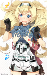 2girls ^^^ ahoge anger_vein belt belt_buckle black_gloves blonde_hair blue_eyes blue_shirt breast_envy grabbing_another&#039;s_breast breast_pocket breasts brown_skirt buckle buttons collared_shirt cowboy_shot crying crying_with_eyes_open flying_sweatdrops gambier_bay_(kancolle) gloves grabbing grabbing_from_behind hair_between_eyes hairband halftone halftone_background hands_up highres imachireki kantai_collection large_breasts looking_at_viewer looking_down multicolored_clothes multiple_girls open_mouth pleated_skirt pocket ryuujou_(kancolle) shirt short_sleeves shorts skirt striped_belt tears twintails underbust wavy_mouth white_shorts rating:Sensitive score:5 user:danbooru