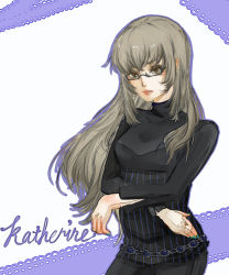  1girl atlus belt brown_eyes brown_hair catherine_(game) crossed_arms female_focus glasses katherine_mcbride long_hair nail_polish pants solo sweater white_background yaponne 