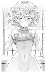  1girl bare_shoulders blush bottomless breasts cleft_of_venus clothes_lift collarbone curly_hair functionally_nude groin hair_between_eyes highres lifted_by_self looking_at_viewer mogudan monochrome navel no_bra no_panties one-punch_man parted_lips pussy pussy_peek short_hair small_breasts solo stomach sweater sweater_lift tatsumaki thighs turtleneck turtleneck_sweater underboob wide_hips  rating:Explicit score:175 user:PuttHutt