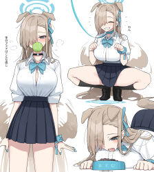  1girl ^_^ absurdres animal_ears asuna_(blue_archive) bad_id bad_twitter_id black_choker black_footwear black_skirt black_socks blue_archive blue_halo blue_scrunchie breasts button_gap channel_(_caststation) chewing_gum choker closed_eyes dog_ears dog_girl halo highres kemonomimi_mode large_breasts leash loafers long_hair multiple_views official_alternate_costume plaid plaid_skirt scrunchie shirt shoes skirt smile socks squatting tail tail_wagging translation_request very_long_hair white_shirt wrist_scrunchie  rating:Sensitive score:64 user:danbooru