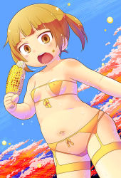  1girl blonde_hair breasts cameltoe corn covered_erect_nipples eating female_focus food gabyo_nuno loli looking_at_viewer marui_mitsuba mitsudomoe navel nipples open_mouth saliva saliva_trail small_breasts solo swimsuit twintails  rating:Questionable score:61 user:phantomstatistic