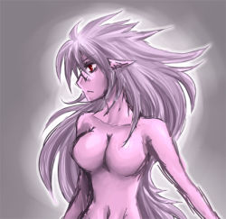  1990s_(style) 1girl breasts colored_skin female_focus final_fantasy final_fantasy_vi gradient_background long_hair lowres navel no_nipples pink_hair pink_skin pointy_ears red_eyes retro_artstyle solo tina_branford trance_terra_branford  rating:Questionable score:9 user:danbooru