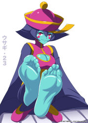  barefoot blue_skin breasts capcom cleavage cleavage_cutout clothing_cutout colored_skin conejologia feet foot_focus highres jiangshi large_breasts lei_lei purple_eyes shoes smile soles toes vampire_(game)  rating:Sensitive score:14 user:liadrin26