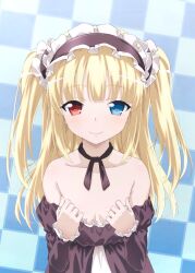 1girl bare_shoulders black_dress black_ribbon blonde_hair blue_eyes boku_wa_tomodachi_ga_sukunai breasts checkered_background cleavage closed_mouth clothes_pull commentary_request dress dress_pull frilled_dress frills hairband hasegawa_kobato heterochromia highres lolita_hairband long_hair long_sleeves looking_at_viewer neck_ribbon pulling_own_clothes red_eyes ribbon small_breasts solo two_side_up upper_body watanabe_yoshihiro