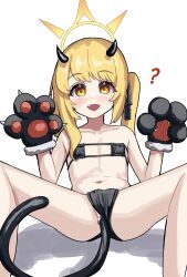 1girl :d ? absurdres alternate_costume anal anal_object_insertion anal_tail animal_ears animal_hands asymmetrical_hair bikini bikini_bottom_aside black_bikini blonde_hair blue_archive blush butt_plug cat_ears cat_paws clothing_aside collarbone commentary_request demon_girl demon_horns eyepatch_bikini fake_tail fang flat_chest gloves halo highres horns ibuki_(blue_archive) loli looking_at_viewer navel object_insertion open_mouth orange_eyes paw_gloves reclining sex_toy side_ponytail simple_background skin_fang smile solo spread_legs suzume_b swimsuit tail tail_plug white_background yellow_halo 