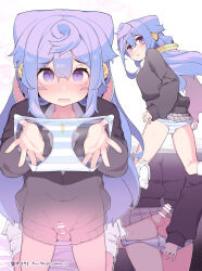  1boy ass bar_censor black_cardigan blue_eyes blue_hair blush bottomless breasts cardigan censored crossdressing erection foreskin grey_skirt hacka_doll hacka_doll_3 highres holding holding_clothes holding_panties holding_underwear kneeling long_hair looking_at_viewer multiple_views navel nyakkuru open_mouth panties panty_pull pee_stain penis phimosis pleated_skirt presenting_removed_panties pulling_own_clothes school_uniform see-through shirt shota skirt small_breasts socks striped_clothes striped_panties testicles textless_version thighs trap underwear undressing white_shirt white_socks 