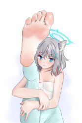  1girl animal_ears barefoot blue_archive blue_eyes feet grey_hair highres light_blush long_hair looking_at_viewer parted_lips shiroko_(blue_archive) shirow_(mha03133) soles toes  rating:Sensitive score:20 user:ssfl