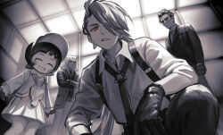  2boys 2girls clenched_teeth closed_eyes closed_mouth collared_shirt creatures_(company) crossed_arms dress earrings game_freak gloves greyscale grin hair_over_one_eye hassel_(pokemon) hat highres jacket jewelry larry_(pokemon) long_hair long_sleeves looking_at_viewer monochrome multiple_boys multiple_girls necktie nintendo pants pokemon pokemon_sv poppy_(pokemon) red_eyes rika_(pokemon) rott_ur shirt smile spot_color standing teeth very_long_hair 