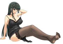  00s 1girl bad_id bad_pixiv_id black_hair black_thighhighs breasts chemise cle_masahiro cleavage covered_erect_nipples feet hairband kimi_ga_aruji_de_shitsuji_ga_ore_de kuonji_shinra large_breasts lingerie long_hair red_eyes soles solo spread_toes strap_slip thighhighs toe-point toes underwear  rating:Questionable score:82 user:danbooru
