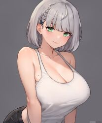 1girl absurdres armpit_crease bare_shoulders black_pants bluefield braid breasts cleavage closed_mouth collarbone green_eyes grey_background grey_hair hair_behind_ear hair_ornament highres hololive large_breasts light_blush looking_at_viewer mole mole_on_breast pants patreon_username shirogane_noel short_hair simple_background smile solo tank_top upper_body virtual_youtuber white_tank_top x_hair_ornament  rating:Sensitive score:53 user:danbooru