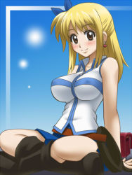 00s 1girl arm_support awa blonde_hair blue_skirt blush breasts earrings fairy_tail half_updo impossible_clothes impossible_shirt indian_style jewelry large_breasts lucy_heartfilia shirt sitting skirt sleeveless solo white_shirt rating:Sensitive score:38 user:danbooru