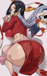  1girl anus anus_peek ashiomi_masato ass bent_over black_hair boa_hancock breasts curvy dress groin highres huge_ass large_breasts looking_back one_piece solo  rating:Questionable score:69 user:TDogarooski