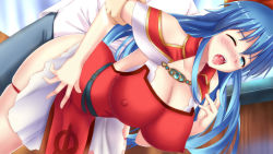  1girl absurdres arm_grab bent_over blue_hair blush breasts choker covered_erect_nipples fire_emblem fire_emblem:_the_binding_blade hat highres large_breasts lilina_(fire_emblem) nintendo one_eye_closed open_mouth rape saliva  rating:Explicit score:5 user:sandvitch