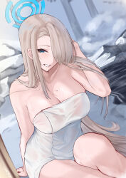  1girl asuna_(blue_archive) asymmetrical_bangs bare_shoulders bathing blue_archive blue_eyes blush breasts cleavage cliov collarbone grin hair_over_one_eye halo highres large_breasts light_brown_hair long_bangs long_hair looking_at_viewer mole mole_on_breast naked_towel one_eye_covered onsen revision rock sitting smile solo steam thighs towel very_long_hair water wet  rating:Sensitive score:40 user:danbooru