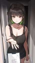  1girl black_hair black_tank_top blue_nails breasts brown_eyes cellphone cleavage colored_inner_hair cracked_screen earrings green_hair hallway highres jewelry large_breasts looking_at_viewer medium_breasts miru_(ormille) mole mole_on_breast mole_under_eye multicolored_hair original ormille phone short_hair shorts smartphone solo_focus standing tank_top two-tone_hair 
