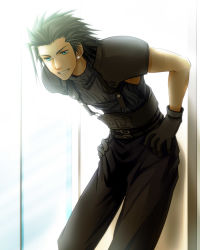  1990s_(style) 1boy black_hair blue_eyes earrings final_fantasy final_fantasy_vii gloves grin hand_on_own_hip jewelry leaning_forward looking_at_viewer male_focus persia_(blue-sky) smile solo standing zack_fair  rating:Sensitive score:4 user:ja.z