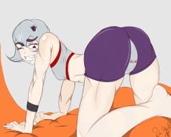 1girl abs all_fours bike_shorts divale eyebrows female_focus hair_ornament hairpin highres looking_back megatron muscular smile sports_bra transformers  rating:Questionable score:1 user:Totikan