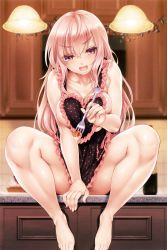  1girl :d apron barefoot blurry breasts cle_masahiro depth_of_field fang feet food fork frilled_apron frills highres holding indoors large_breasts legs long_hair naked_apron open_mouth pink_eyes pink_hair polka_dot sitting smile solo spread_legs thighs toes  rating:Questionable score:168 user:danbooru