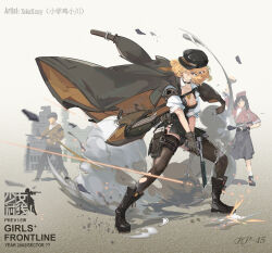  1boy 2girls absurdres armband artist_name bag battle belt big_hair black_choker black_footwear black_hat black_panties black_skirt blonde_hair bodice boots breasts brown_armband brown_bag brown_coat brown_gloves brown_pantyhose cabbie_hat character_name choker cleavage closed_mouth coat coat_on_shoulders copyright_name cross-laced_footwear debris dynamic_pose fp-45_liberator french_flag girls&#039;_frontline gloves gun hair_over_one_eye handgun hat highres holding holding_gun holding_weapon jewelry knee_boots lace-up_boots leather leather_bag leather_boots leather_gloves legs_apart looking_to_the_side mai_(xskdizzy) medium_breasts medium_hair multiple_girls necklace open_bag orange_eyes original panties pantyhose paper pen popped_collar pouch projectile_trail shell_casing shirt side_slit skirt sleeves_rolled_up smoke smoking_barrel solo_focus sparks suppressor thigh_belt thigh_pouch thigh_strap torn_clothes torn_pantyhose underwear weapon white_shirt wind wind_lift 