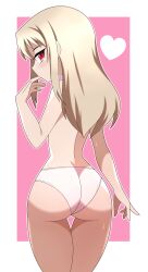  1girl absurdres abysswatchers arm_at_side ass blonde_hair border cowboy_shot eyebrows eyelashes fate/kaleid_liner_prisma_illya fate_(series) female_focus from_behind hand_up heart highres illyasviel_von_einzbern loli long_hair looking_at_viewer looking_back naughty_face no_mouth panties pink_background profile red_eyes simple_background solo standing thigh_gap topless underwear white_border white_panties 