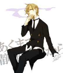  1boy butler cigarette durarara!! heiwajima_shizuo highres male_focus shitsuo_(durarara!!) smoking solo text_focus translation_request white_background 