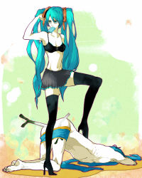 1boy 1girl anal aqua_eyes aqua_hair blue_hair bra clothed_female_nude_male femdom food hair_ribbon hatsune_miku hetero high_heels highres kaito_(vocaloid) lingerie long_hair midriff mouth_hold naked_scarf navel negi_suppository nude popsicle rape ribbon scarf shoes skirt spring_onion thighhighs top-down_bottom-up twintails underwear vocaloid yudukichi zettai_ryouiki rating:Questionable score:34 user:danbooru