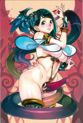  1girl black_hair blue_eyes blue_hair blush breasts cowboy_shot f.s. head_wings horn horns large_breasts looking_at_viewer luna_luna_(queen&#039;s_blade) midriff official_art parted_lips phallic_symbol queen&#039;s_blade revealing_clothes single_head_wing single_horn smile standing tagme tongue wide_hips wings  rating:Questionable score:52 user:Muridana