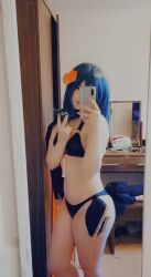  1girl bikini black_bikini blue_hair breasts byleth_(female)_(fire_emblem) byleth_(female)_(summer)_(fire_emblem) byleth_(fire_emblem) byleth_(fire_emblem)_(cosplay) cape cosplay cosplay_photo fire_emblem fire_emblem:_three_houses fire_emblem_heroes flower hair_flower hair_ornament holding holding_phone iloveballs666 indoors inward_v jewelry long_hair mirror mirror_image mirror_reflection necklace nintendo phone photo_(medium) small_breasts solo swimsuit thick_thighs thighs  rating:Sensitive score:8 user:Smartpl199