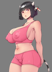  1girl abubu animal_ears ass bike_shorts black_hair blush breasts cleavage covered_erect_nipples cow_ears cow_horns cow_tail highres horns huge_breasts nipples open_mouth original plump short_hair solo sports_bra tail underwear  rating:Questionable score:200 user:MFLover12