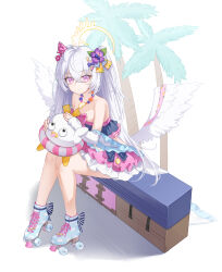  1girl absurdres angel_wings azusa_(blue_archive) azusa_(swimsuit)_(blue_archive) bikini blue_archive blue_footwear breasts cleavage closed_mouth collarbone feathered_wings flower frilled_bikini frills full_body grey_hair hair_between_eyes hair_flower hair_ornament halo highres light_smile long_hair official_alternate_costume okazakileo peroro_(blue_archive) pink_bikini pink_eyes purple_bikini purple_flower roller_skates simple_background sitting skates small_breasts solo swimsuit white_background white_wings wings yellow_halo 