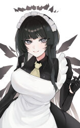  1girl alternate_breast_size alternate_costume apron arknights black_dress black_gloves black_hair breasts broken_halo closed_mouth collared_dress colored_inner_hair commentary_request cowboy_shot dark_halo dddddvkoko detached_wings dress energy_wings eyelashes frilled_apron frilled_headwear frills from_above gloves grey_eyes grey_hair grey_halo grey_wings hair_intakes halo hand_up highres large_breasts lips long_sleeves looking_at_viewer looking_up maid maid_apron maid_headdress mole mole_under_eye multicolored_hair necktie sidelocks simple_background smile solo standing straight_hair two-tone_hair variant_set virtuosa_(arknights) white_apron white_background wing_collar wings yellow_necktie 