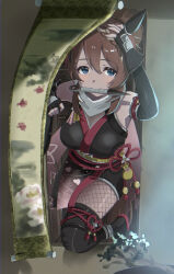 1girl animal_ears black_gloves blue_eyes blush braid breasts brown_hair cleavage commentary_request fingerless_gloves fishnet_thighhighs fishnets gloves highres horse_ears horse_girl horse_tail japanese_clothes kunai large_breasts looking_at_viewer mouth_hold ninja obi sash scarf short_hair shuriken_hair_ornament small-wso6-bell smile solo super_creek_(umamusume) tail thighhighs umamusume weapon 