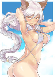 10s 1girl :d animal_ears armpits arms_up ass blue_sky blush braid breasts brown_eyes cat_ears commentary_request covered_erect_nipples cowboy_shot day fox_ears granblue_fantasy hair_between_eyes hair_tubes heles highres large_breasts long_hair looking_at_viewer low-braided_long_hair low-tied_long_hair nekotama1987 open_mouth outdoors shiny_skin sideboob silver_hair single_braid sky slingshot_swimsuit smile solo standing strap_gap sweat swept_bangs swimsuit tan tanline tsurime twisted_torso underboob very_long_hair wet