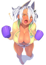  1girl 23_(real_xxiii) bare_legs barefoot blush boxing_gloves breasts brown_eyes cleavage commentary_request dark-skinned_female dark_skin earrings fang female_focus from_above full_body hair_between_eyes hair_ornament highres hood hoodie horns jewelry lapel_pin large_breasts long_hair looking_at_viewer looking_up navel open_mouth original phantasy_star phantasy_star_online_2 pin short_twintails silver-haired_girl_(23) silver_hair simple_background solo standing twintails white_background 