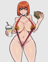 1girl areola_slip blush bob_cut bojinko breasts brown_eyes closed_mouth collarbone curvy dot_nose eyebrows eyelashes feet_out_of_frame female_focus food grey_background hands_up holding holding_food huge_breasts licking_lips looking_at_viewer mcdonald&#039;s medium_hair mother_(yoru_mac) naughty_face navel no_pupils one-piece_swimsuit one_eye_closed orange_hair red_one-piece_swimsuit simple_background slingshot_swimsuit smile solo standing swimsuit thighs tongue tongue_out wide_hips wink yoru_mac 