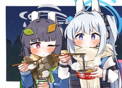  2girls ;o ahoge black_bow black_hair blue_archive blue_shirt blush bow brown_scarf chopsticks closed_mouth comiket_103 commentary_request cup cup_ramen dash_b disposable_cup food green_neckerchief grey_hair hair_bow hair_intakes halo headgear headset highres holding holding_chopsticks holding_cup leaf leaf_on_head long_hair long_sleeves miyako_(blue_archive) miyu_(blue_archive) multiple_girls neckerchief night night_sky noodles one_eye_closed one_side_up parted_lips puffy_long_sleeves puffy_sleeves purple_eyes red_eyes scarf shirt sketch sky smile star_(sky) starry_sky steam upper_body very_long_hair 