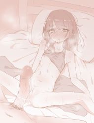1boy 1girl after_vaginal aftersex age_difference akari_(raigou) bed bed_sheet blush bottomless cum cum_in_pussy cum_string drooling female_pubic_hair flat_chest large_penis loli lying male_pubic_hair monochrome navel nipples on_back on_bed original penis pillow pink_theme pov pubic_hair pussy raigou spread_legs sweat tank_top thighs third-party_edit uncensored rating:Explicit score:323 user:Dweenie