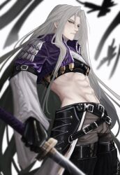  1boy abs aged_up almondtofu_boy belt black_belt black_footwear black_gloves boots commentary cowboy_shot crop_top cropped_jacket english_commentary expressionless final_fantasy final_fantasy_vii final_fantasy_vii_ever_crisis gloves green_eyes grey_hair grey_pants groin highres holding holding_sword holding_weapon jacket katana layered_sleeves long_bangs long_hair long_sleeves looking_to_the_side male_focus midriff official_alternate_costume open_clothes open_jacket pants parted_bangs purple_jacket sephiroth sephiroth_(kuja&#039;s_attire) shrug_(clothing) slit_pupils solo sword thigh_boots toned toned_male twitter_username upper_body very_long_hair waist_cape weapon white_background wide_sleeves 