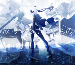  1girl black_hair black_horns black_pants blue_archive closed_mouth demon_horns formal grand_piano hair_between_eyes halo horns instrument kayoko_(blue_archive) long_hair long_sleeves multicolored_hair nasan_(coldtime) pants piano rain red_eyes solo standing suit umbrella water white_hair 