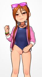  1girl absurdres brown_eyes brown_hair carol_(onirism) clothing_aside feet_out_of_frame female_focus flat_chest freckles gluteal_fold handjob_gesture highres jacket jewelry loli loodncrood looking_at_viewer motion_lines necklace one-piece_swimsuit onirism open_clothes open_jacket pussy smile solo standing sunglasses sunglasses_on_head swimsuit swimsuit_aside white_background  rating:Explicit score:360 user:boredperson