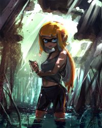  1girl bad_id bad_pixiv_id bare_arms bare_shoulders bike_shorts black_shorts blue_eyes blunt_bangs collarbone dappled_sunlight day drying drying_clothes fangs forest grey_shirt highres inkling inkling_girl inkling_player_character kashu_(hizake) lake legs_apart light_rays long_hair looking_at_viewer mask monster_girl nature navel nintendo open_mouth orange_hair outdoors pointy_ears shade shirt shorts silhouette single_vertical_stripe solo sparkle splatoon_(series) standing sunlight tank_top tentacle_hair tree wading water_drop wet wet_clothes wet_hair wringing_clothes  rating:Sensitive score:20 user:danbooru